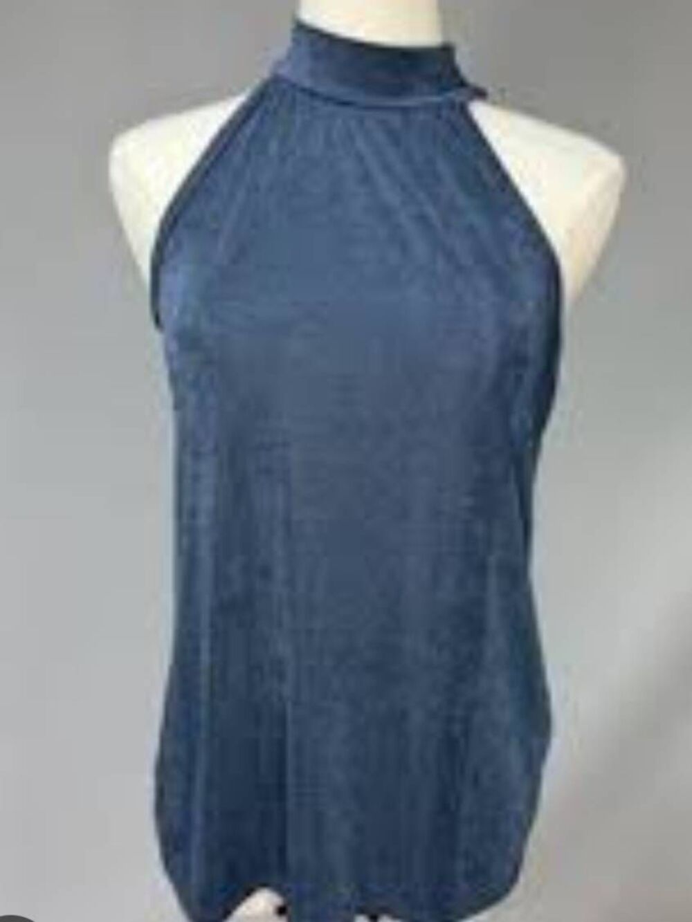 Maurices 24/7 blue mock-neck halter tank top, featuring a draped, gathered neckl